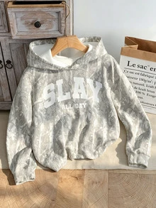 (1 Pc) Autumn/Winter Tween Girl Casual Fashion Minimalist Branch Leaf Letter SLAY Pattern Basic Hooded Sweatshirt Tops - Multicolor - View 4