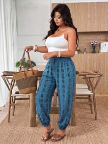 Weeklong Plus Size Print Elastic Waist Harem Pants, Casual Holiday Trousers Fall - Multicolor - View 7