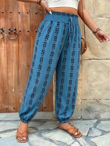 Weeklong Plus Size Print Elastic Waist Harem Pants, Casual Holiday Trousers Fall - Multicolor - View 5