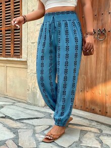 Weeklong Plus Size Print Elastic Waist Harem Pants, Casual Holiday Trousers Fall - Multicolor - View 6