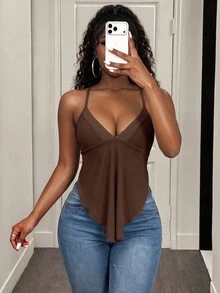BamGleam Áo ba lỗ có dây đeo hở lưng viền bất đối xứng màu trơn mùa hè dành cho nữ với thiết kế buộc dây phía sau - màu nâu - Xem 4