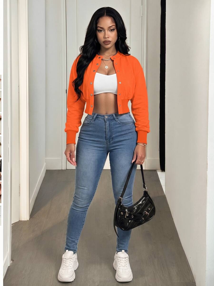 BamGleam Women's Plain Color Long Sleeve Single-Breasted Casual Baseball Jacket Fall Winter Cloth For Women - Orange - View 1