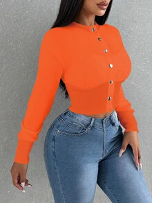 BamGleam Women's Plain Color Long Sleeve Single-Breasted Casual Baseball Jacket Fall Winter Cloth For Women - Orange - View 5
