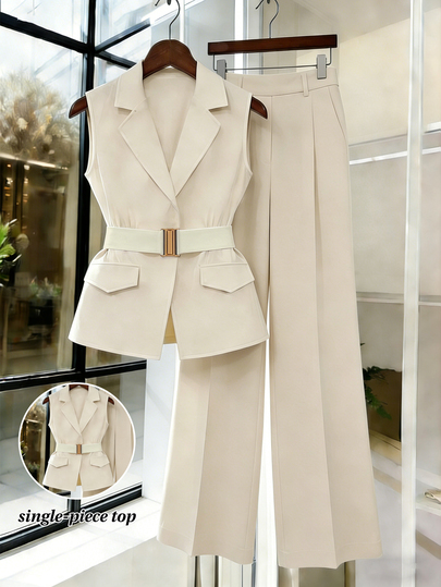 GlowEve Waist Belt Sleeveless Vest With Metal Buckle, Fashionable Versatile Elegant Outerwear For Women