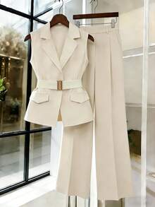 GlowEve Waist Belt Sleeveless Vest With Metal Buckle, Fashionable Versatile Elegant Outerwear For Women - Apricot - View 3