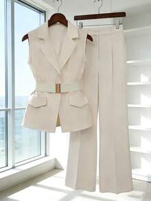 GlowEve Waist Belt Sleeveless Vest With Metal Buckle, Fashionable Versatile Elegant Outerwear For Women - Apricot - View 4