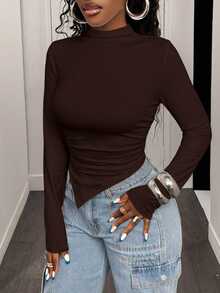 BamGleam Solid Color Stand Collar Asymmetrical Hem Long Sleeve T-Shirt Fall Cloth For Women - Brown - View 4