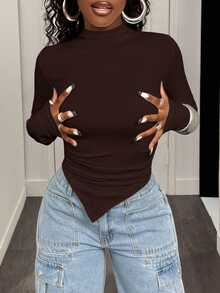 BamGleam Solid Color Stand Collar Asymmetrical Hem Long Sleeve T-Shirt Fall Cloth For Women - Brown - View 5