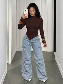 BamGleam Solid Color Stand Collar Asymmetrical Hem Long Sleeve T-Shirt Fall Cloth For Women - Brown - View 3