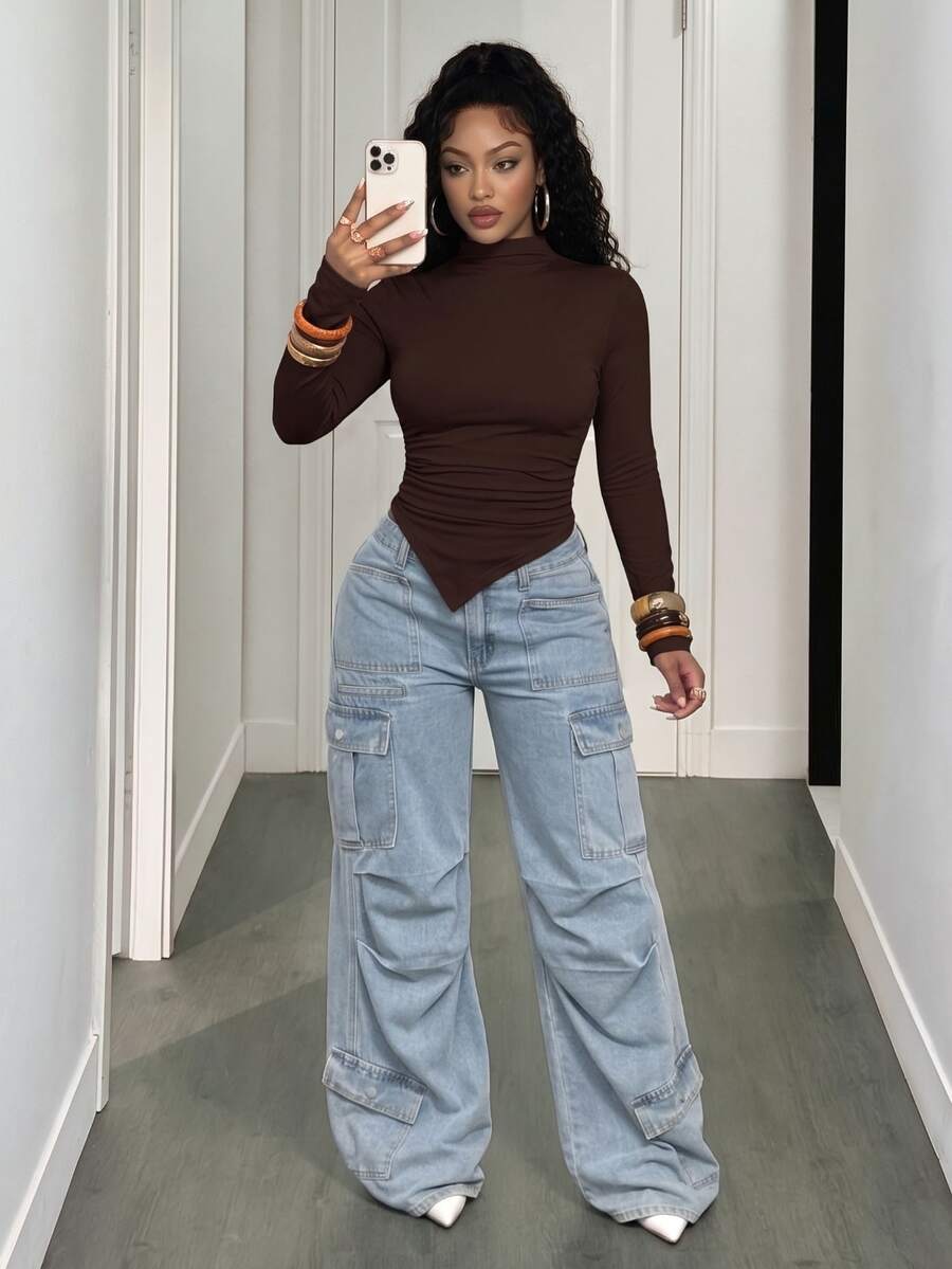 BamGleam Solid Color Stand Collar Asymmetrical Hem Long Sleeve T-Shirt Fall Cloth For Women - Brown - View 1