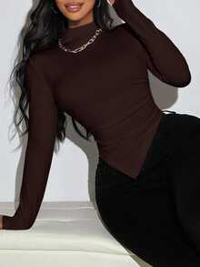 BamGleam Solid Color Stand Collar Asymmetrical Hem Long Sleeve T-Shirt Fall Cloth For Women - Brown - View 7
