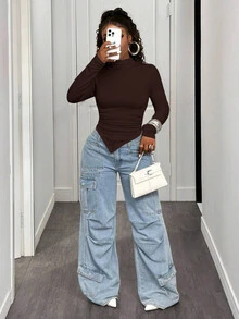 BamGleam Solid Color Stand Collar Asymmetrical Hem Long Sleeve T-Shirt Fall Cloth For Women - Brown - View 1