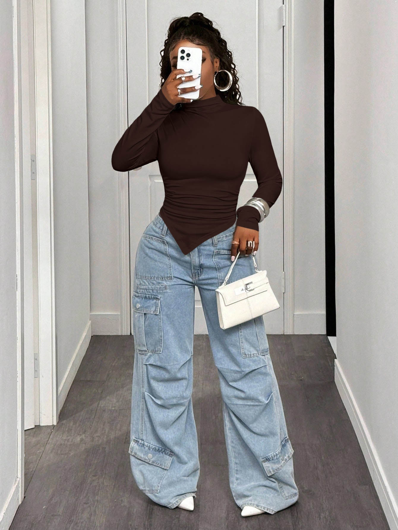 BamGleam Solid Color Stand Collar Asymmetrical Hem Long Sleeve T-Shirt Fall Cloth For Women - Brown - View 1