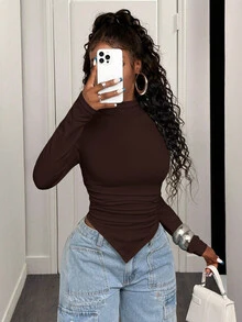 BamGleam Solid Color Stand Collar Asymmetrical Hem Long Sleeve T-Shirt Fall Cloth For Women - Brown - View 6