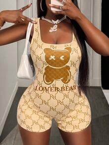 BamGleam Women's Summer Bear & Letter Pattern Bodycon Jumpsuit - Multicolor - View 6