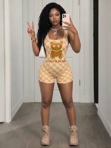 BamGleam Women's Summer Bear & Letter Pattern Bodycon Jumpsuit - Multicolor - View 2