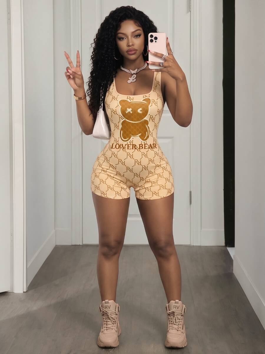 BamGleam Women's Summer Bear & Letter Pattern Bodycon Jumpsuit