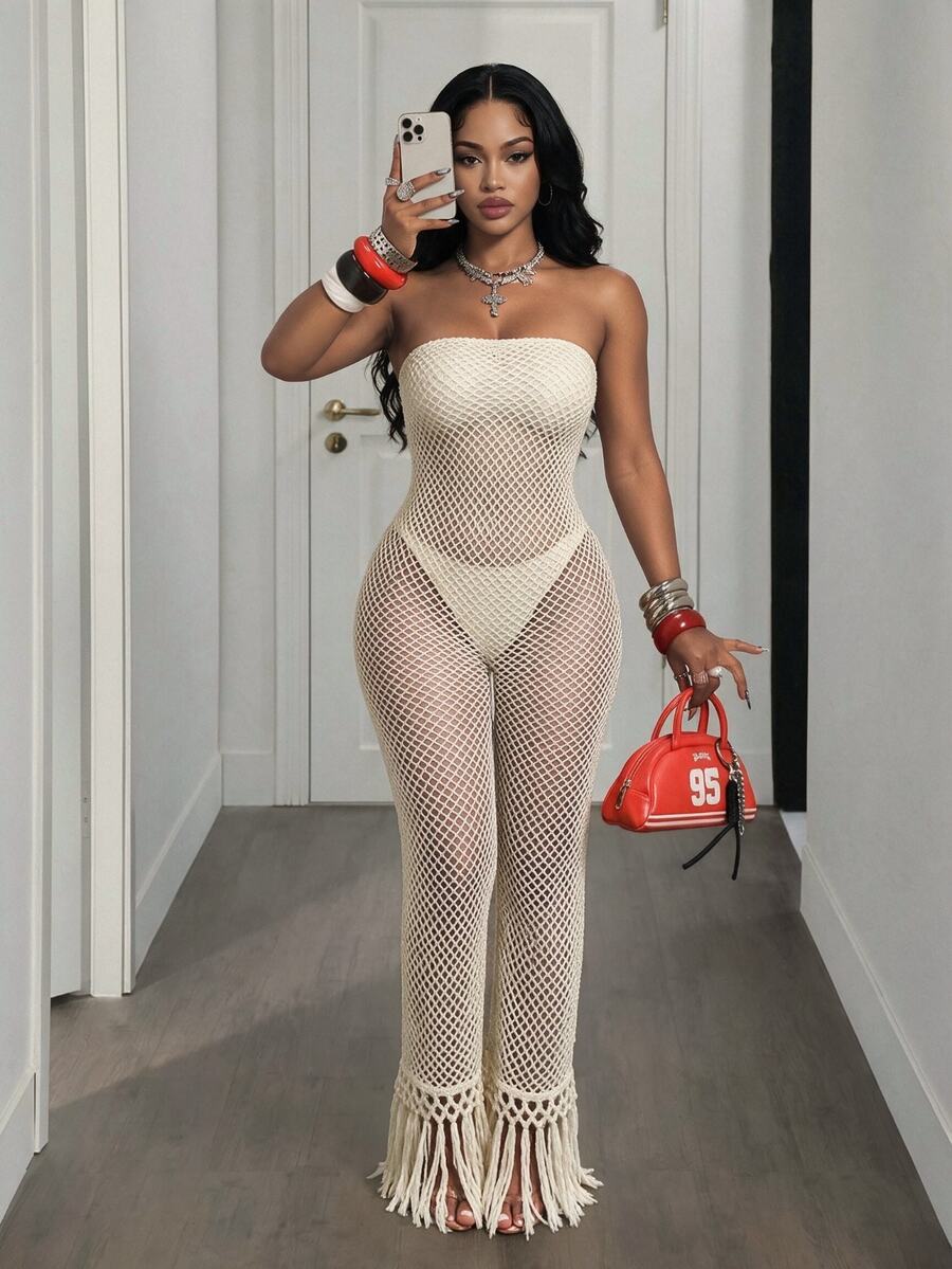 BamGleam Beige Fishnet Mesh Bustier Jumpsuit, Fringed Hem Sheer Cutout Long Sleeve Maxi Clubwear Jumpsuit