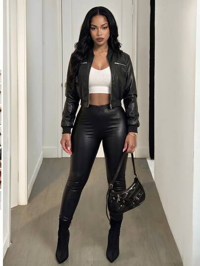 BamGleam Women's Cropped Leacher PU Leather Long Sleeve Zipper Chic High-End Streetwear Baseball Black Jacket Fall Winter Cloth For Women