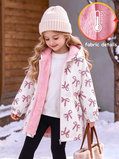 SHEIN Vintaside Kids Toddler Girls Polyester Hooded Long Sleeve Botanical Zip Pocket Regular Loose Fit Fleece Lined Jacket Winter Multicolor