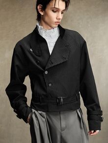 ROMWE MEN 男士深色條紋單排扣長袖寬鬆夾克 - 黑色 - 查看 2