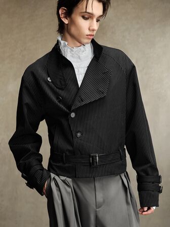 Men's Dark Striped Single-Breasted Long Sleeve Loose Jacket