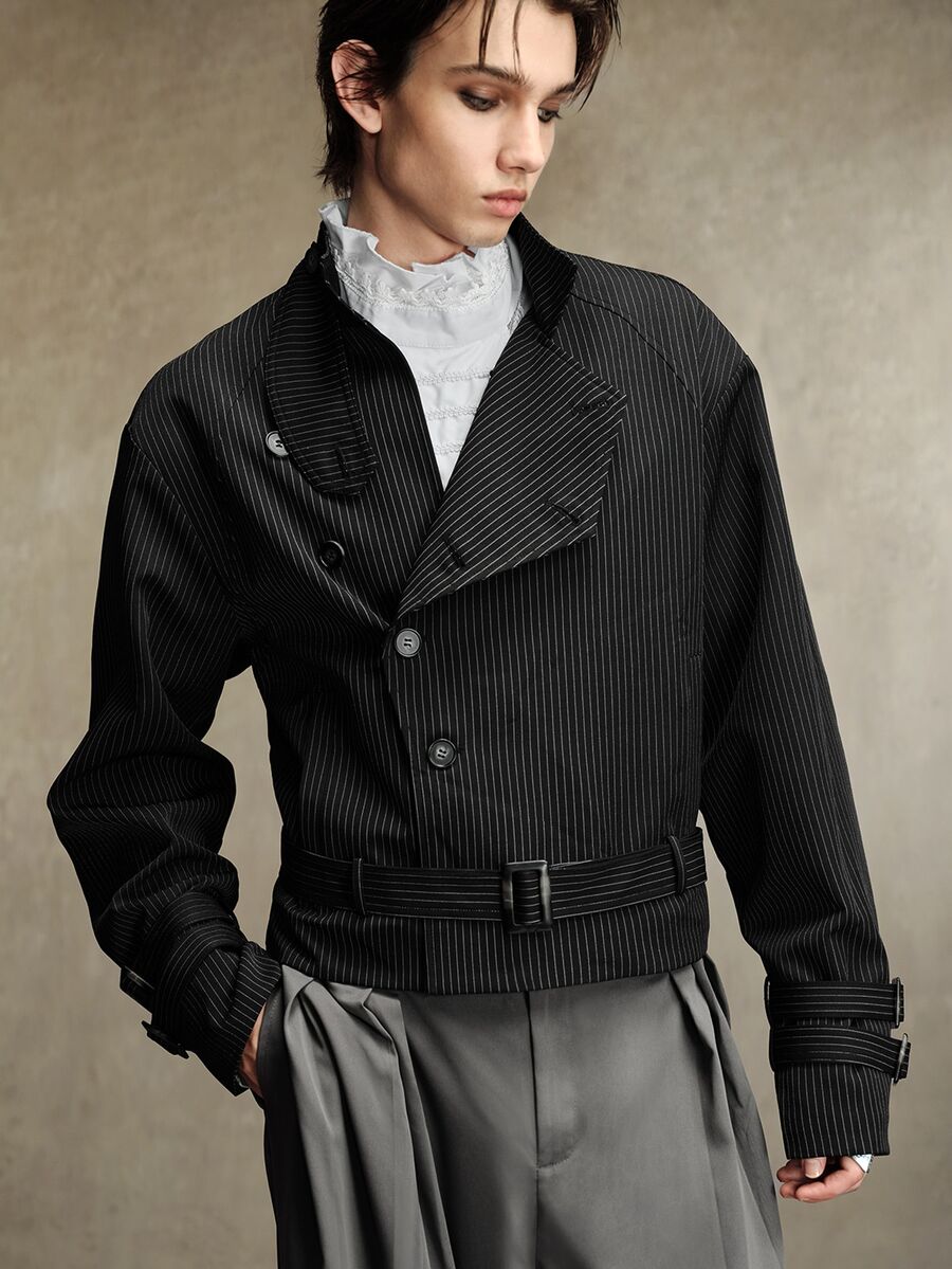 ROMWE MEN Men's Dark Striped Single-Breasted Long Sleeve Loose Jacket - Black - View 1