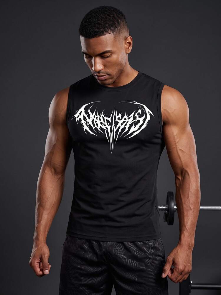 Coreblaze Men's Letter Graphic Slim Fit Sports Tank Top, Gym,Men's Compression Tank Top,Training Top,Body Fit Tank,Uv Protection,Cooling Fabric,Training - Black - View 1