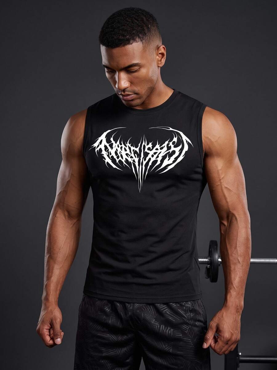 Coreblaze Men's Letter Graphic Slim Fit Sports Tank Top, Gym,Men's Compression Tank Top,Training Top,Body Fit Tank,Uv Protection,Cooling Fabric,Training - Black - View 1