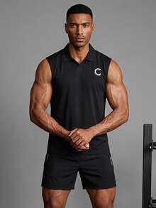 Coreblaze Boyfriend Style Men's Summer Sleeveless Letter Printed Sports Polo Shirt Golf Shirt - Black - View 1