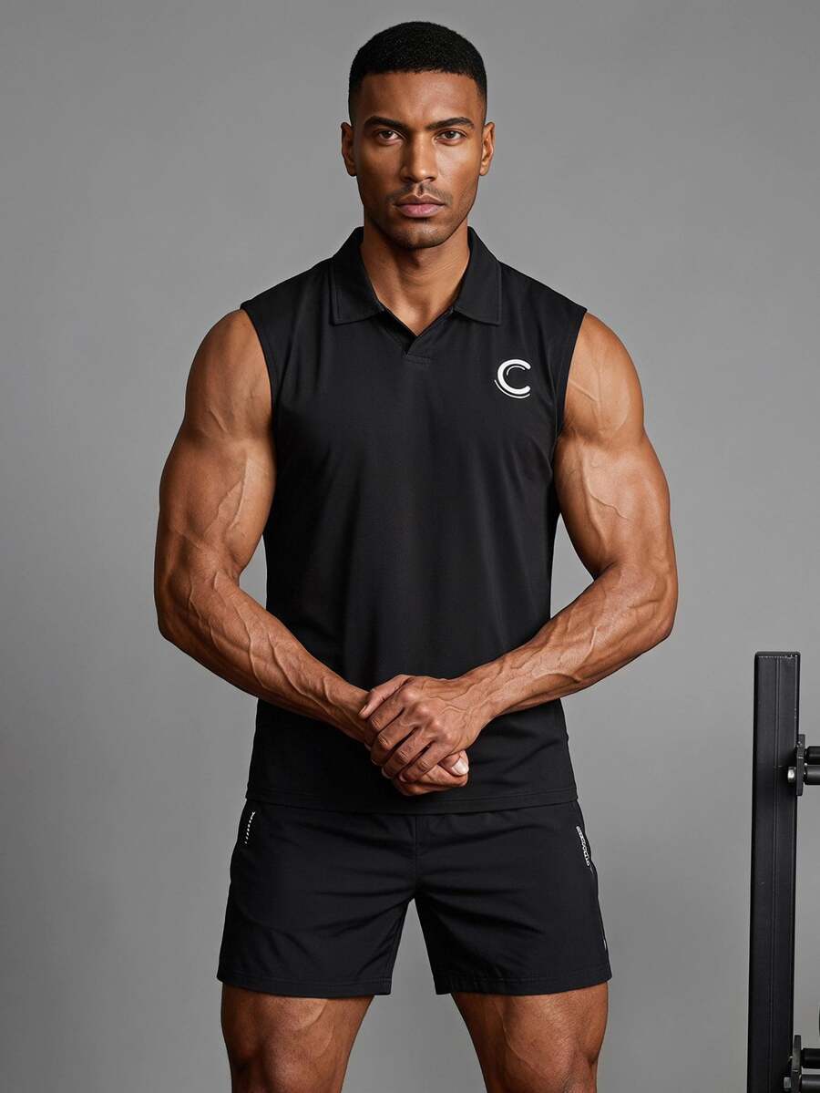 Coreblaze Boyfriend Style Men's Summer Sleeveless Letter Printed Sports Polo Shirt Golf Shirt - Black - View 1