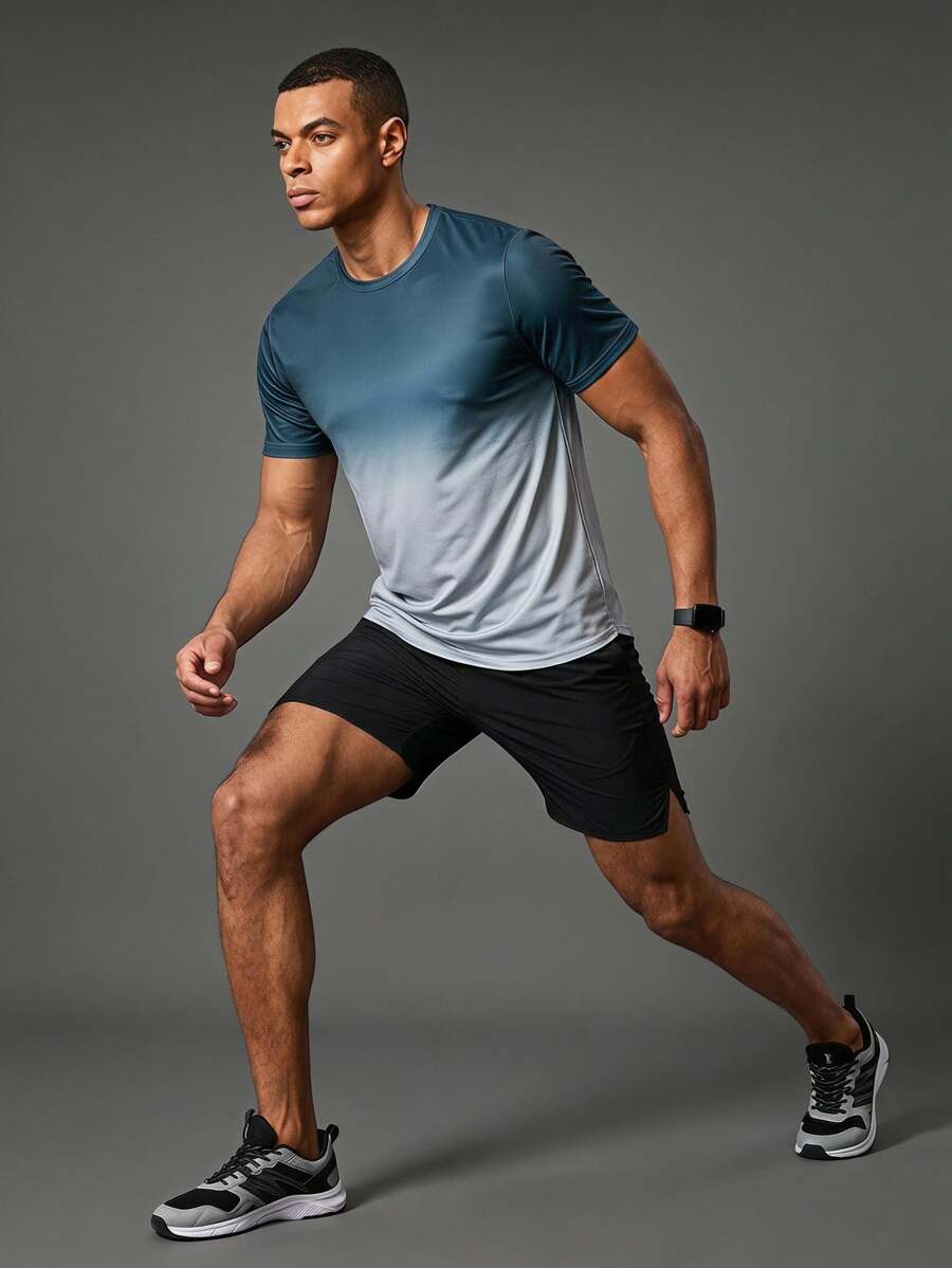 Coreblaze Boyfriend Style Men's Short Sleeve Round Neck Everyday Fitness Sports T-Shirt With Gradient Color, All Seasons - Multicolor - View 1