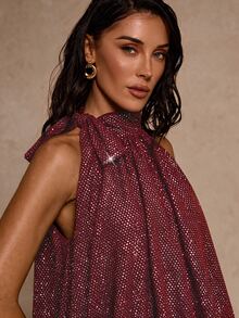 SHEIN Glamour 女款紅色波點滿鑲水鑽掛脖無袖抓皺泡泡下擺短版上衣，夏季夜店聚會 Y2K 風格優雅性感襯衫 - 酒紅色 - 查看 7