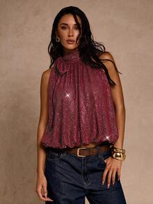 SHEIN Glamour 女款紅色波點滿鑲水鑽掛脖無袖抓皺泡泡下擺短版上衣，夏季夜店聚會 Y2K 風格優雅性感襯衫 - 酒紅色 - 查看 6