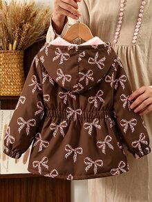 SHEIN Vintaside Kids 女童聚酯纖維連帽長袖植物圖案拉鍊口袋常規寬鬆版型抓絨內裡夾克外套 冬季 多色 - 棕色 - 查看 2