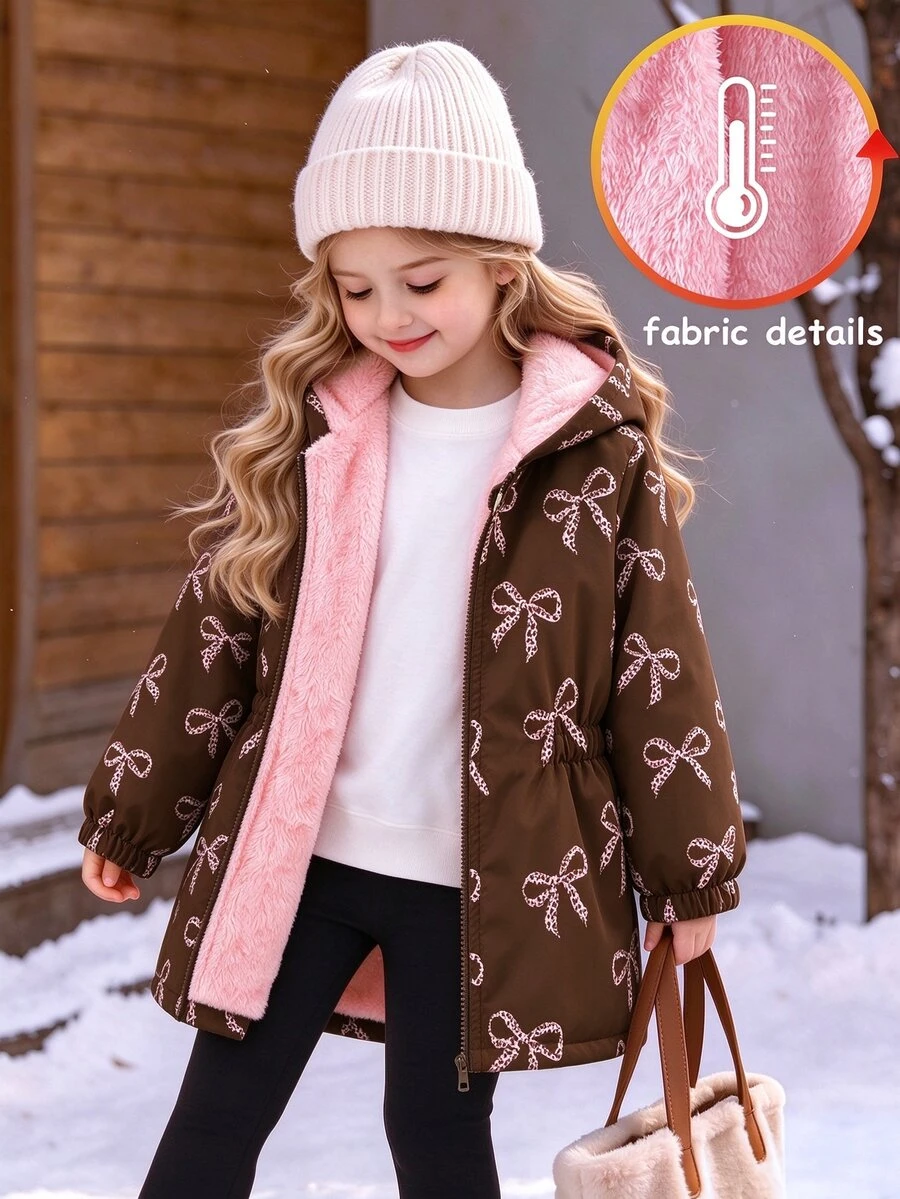 SHEIN Vintaside Kids 女童聚酯纖維連帽長袖植物圖案拉鍊口袋常規寬鬆版型抓絨內裡夾克外套 冬季 多色 - 棕色 - 查看 1