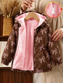 SHEIN Vintaside Kids 女童聚酯纖維連帽長袖植物圖案拉鍊口袋常規寬鬆版型抓絨內裡夾克外套 冬季 多色 - 棕色 - 查看 3