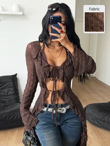 Coolane 女款秋季/四季街頭風波希米亞仙系日常穿搭電音節文藝復興市集嬉皮音樂節棕色紋理網格肩帶荷葉邊緞帶長版外套 - 棕色 - 查看 4