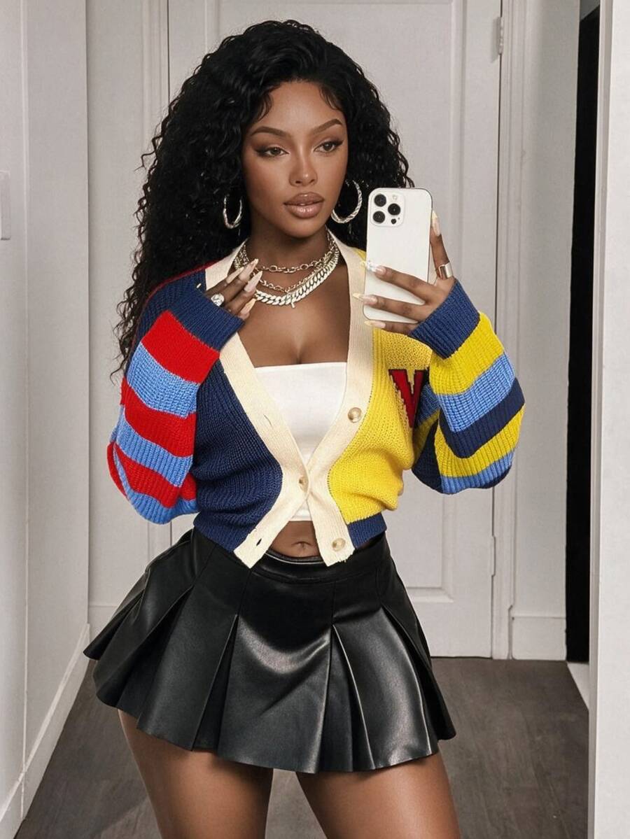 BamGleam Women Striped Colorblock Letter V-Neck Button Closure Long Sleeve Casual Sweater Cardigan Fall Winter Cloth For Women - Multicolor - View 1