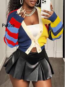 BamGleam Women Striped Colorblock Letter V-Neck Button Closure Long Sleeve Casual Sweater Cardigan Fall Winter Cloth For Women - Multicolor - View 3