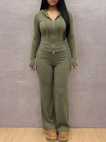 Zavorell Women's Casual Sports Fitted Hooded Solid Color Army Green Knit Set - Army Green - View 7