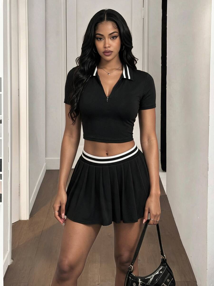 BamGleam 2pcs/Set Women Solid Color Splice Short Sleeve Top And Mini Skirt Tennis Skirt Set - Black and White - View 1