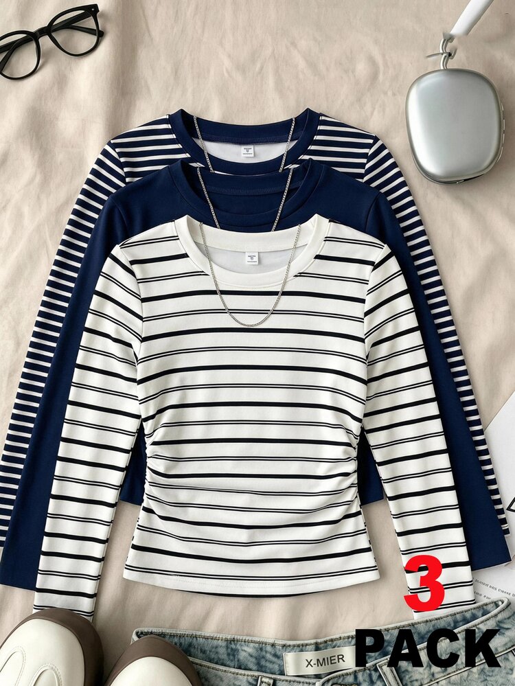 3pcs Tween Girls Fitted Long Sleeve T-Shirt, Vintage Striped, Comfortable And Versatile Tee, For Daily Wear, White Striped, Blue Striped, Classic All-Season, Autumn/Winter, Slim Fit Waist-Cinching Tee - White - View 3