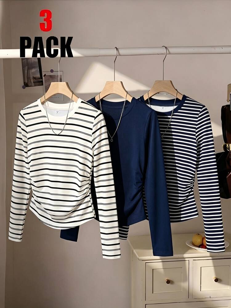 3pcs Tween Girls Fitted Long Sleeve T-Shirt, Vintage Striped, Comfortable And Versatile Tee, For Daily Wear, White Striped, Blue Striped, Classic All-Season, Autumn/Winter, Slim Fit Waist-Cinching Tee - White - View 1