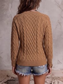 SHEIN Autumn/Winter Vintage Cable Knit Long Sleeve Raglan Sleeve Metal Button Knit Sweater For Women - Coffee Brown - View 2