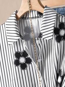 SHEIN 青少年女孩秋季上衣 黑白條紋鈕扣開襟長袖休閒可愛襯衫，適合假日、舒適校園穿搭 - 藍色 - 查看 6