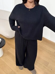 Shapeblank 女款大尺碼兩件套：棕色長袖上衣與黑色寬腿褲－時尚休閒、彈性保暖舒適，適合秋冬穿搭 - 黑色 - 查看 5