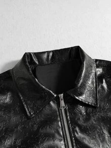 ROMWE MEN Men's Loose Fit PU Leather Jacket With Paisley Pattern - Black - View 4