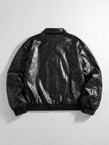 ROMWE MEN Men's Loose Fit PU Leather Jacket With Paisley Pattern - Black - View 7