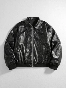 ROMWE MEN Men's Loose Fit PU Leather Jacket With Paisley Pattern - Black - View 1